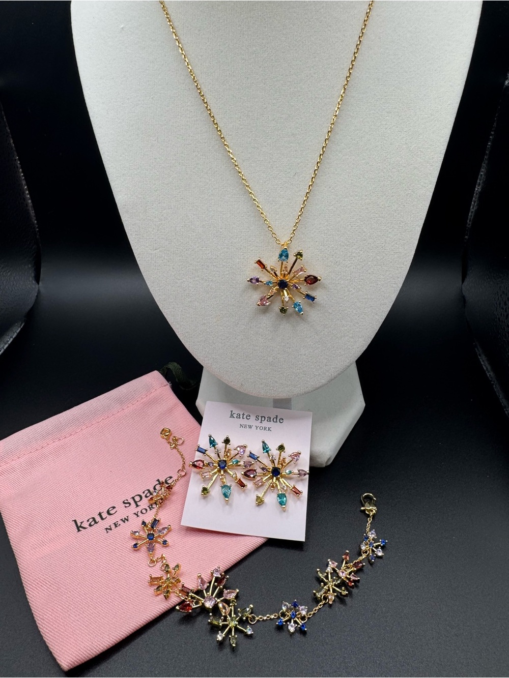 kate spade firework Gold-Tone Multicolor Crystal Necklace&earrings&bracelet set